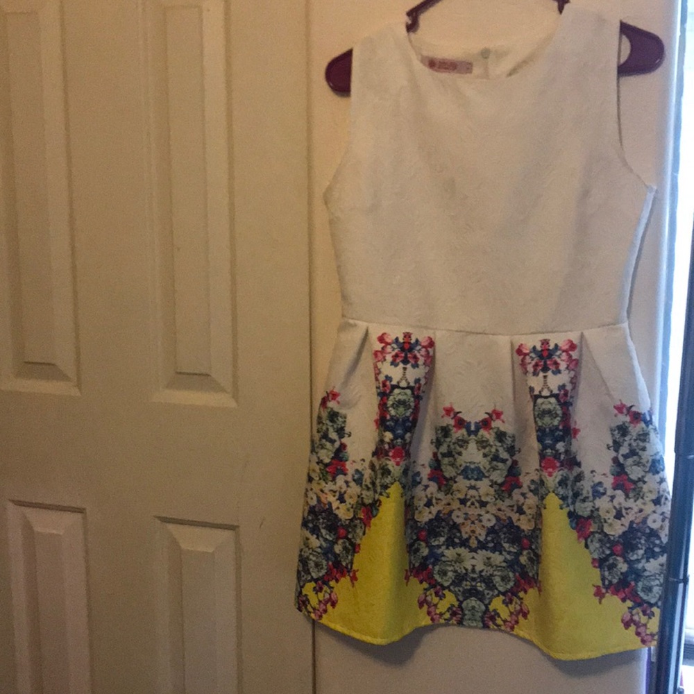 White Dress with Yellow and Pink Floral Pattern